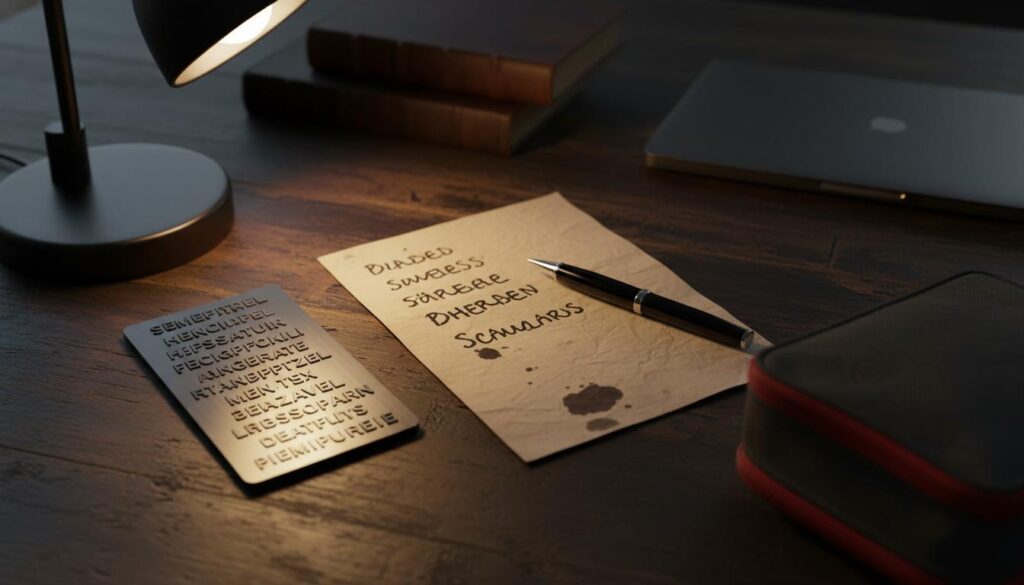 Secure seed phrase backup on paper and metal plate to keep Solana wallet safe